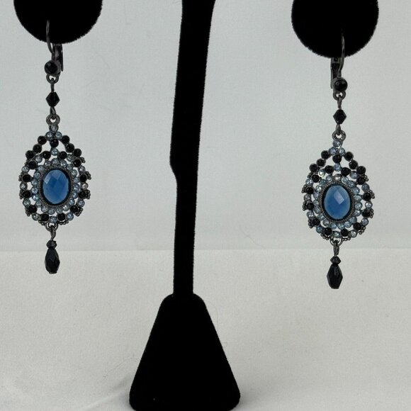 Vintage NR Pendant Necklace Dangle Earrings Set Gunmetal Midnight Blue Metallic - Picture 5 of 16